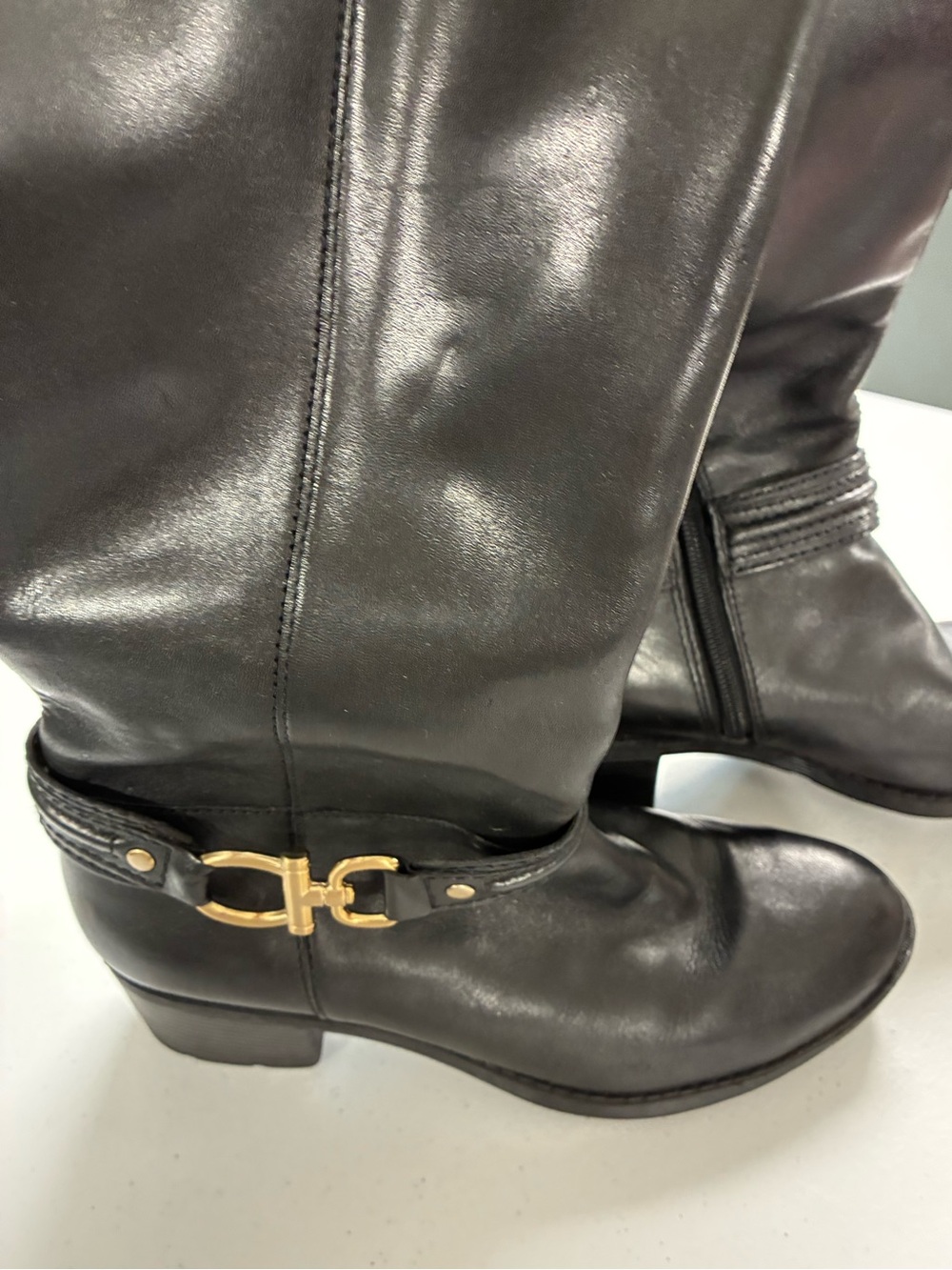 Bandolino Black Leather Mid-Calf Boots with Gold Buckle Detail